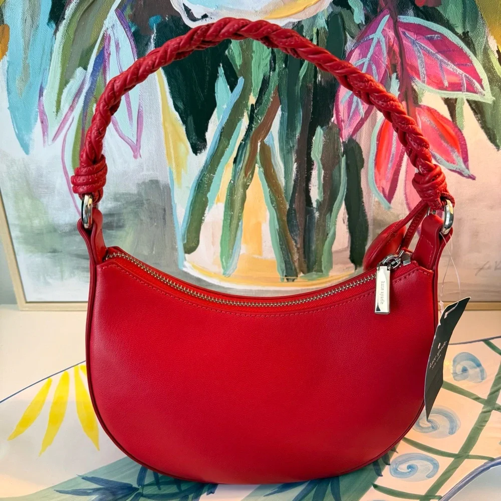 Kate Spade Red heart Nova Braided Handle Small Crescent Shoulder/Crossbody Bag - Picture 3 of 10